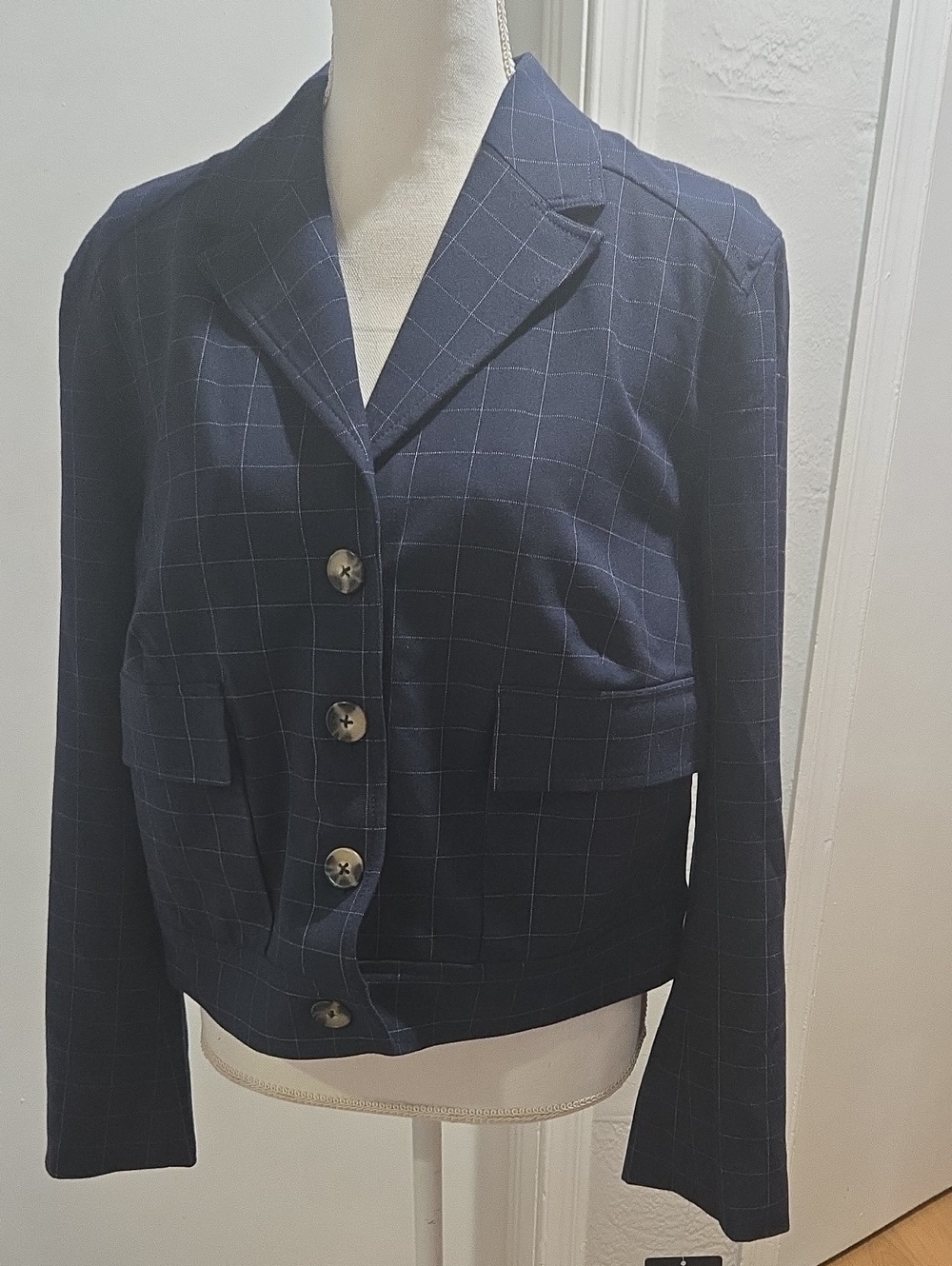 RACHEL Rachel Roy Navy Windowpane Blazer Jacket